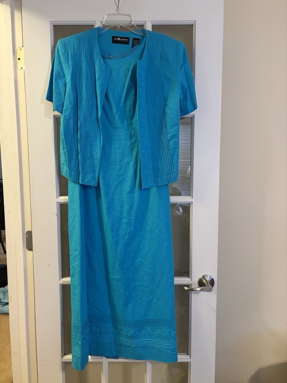 VTG linen Sag Harbor Dress 2 Piece set blue embroidered Size 10